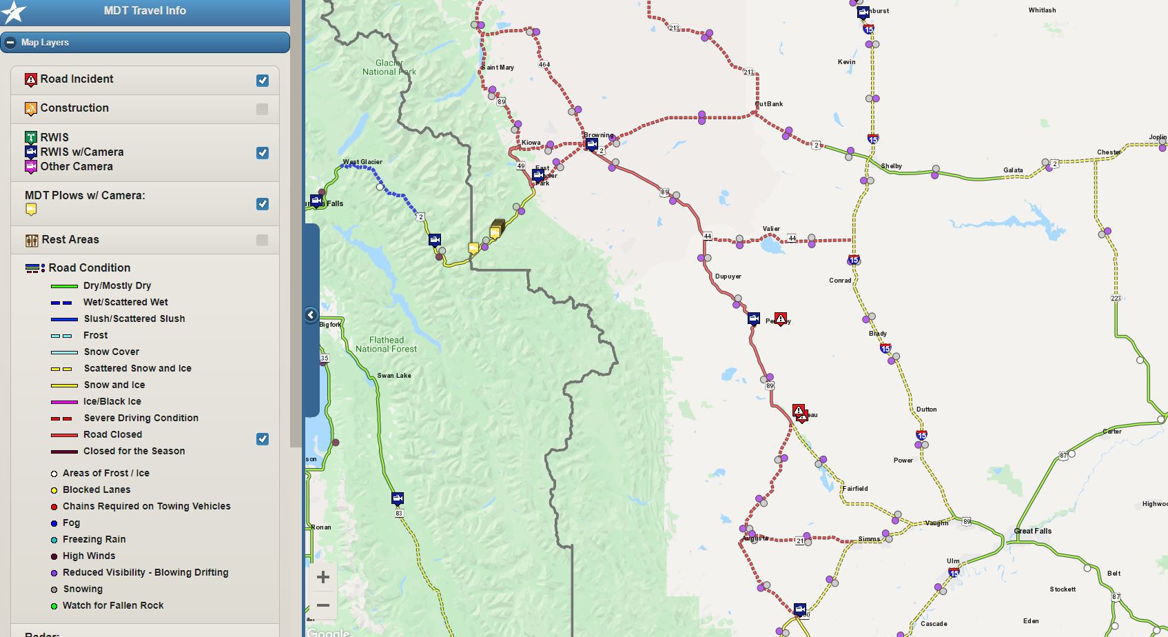 MDT Travel info map road closed